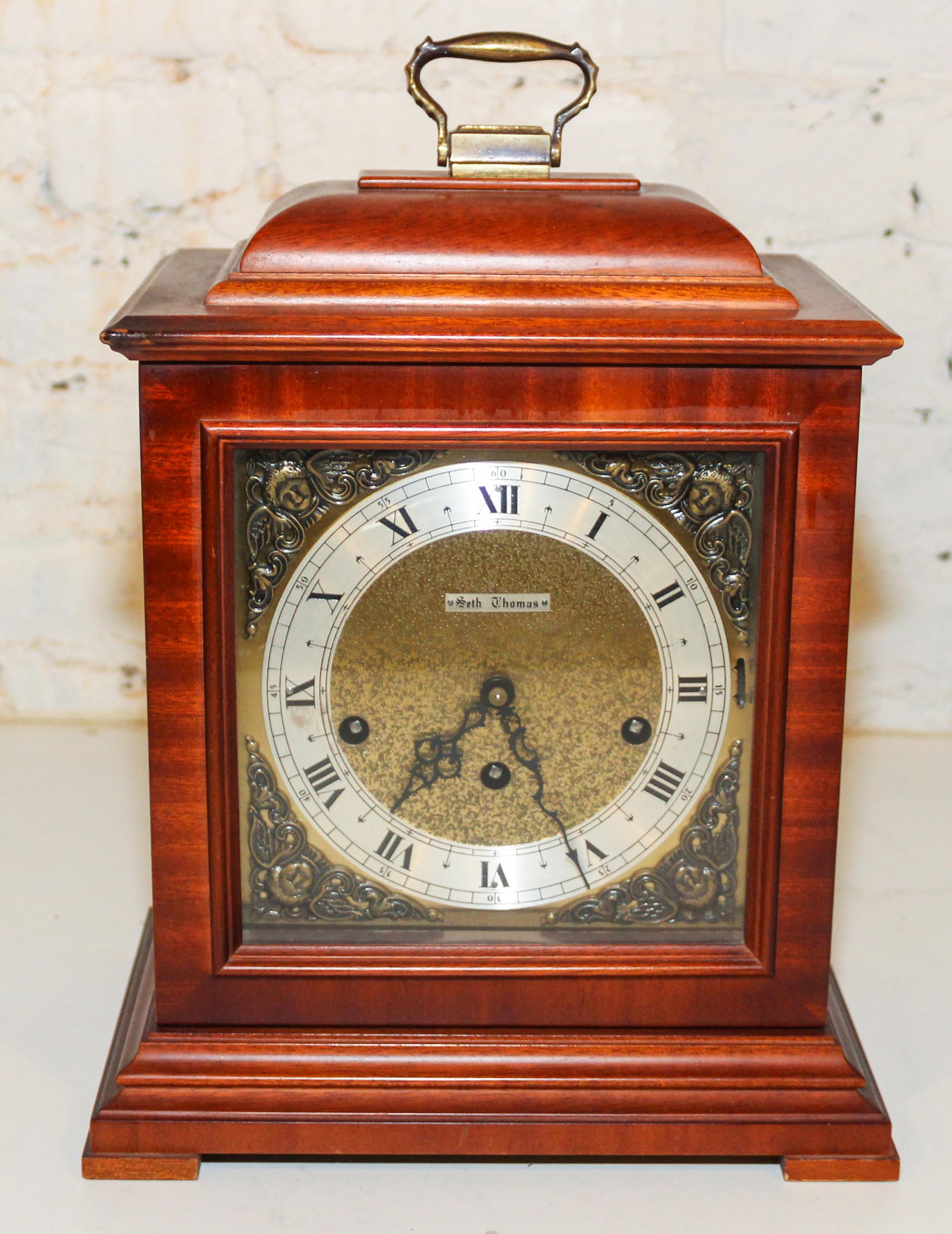 A Seth Thomas Mahogany Cased Shelf Clock. Height 15 inches.