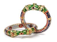 A Pair of High Karat, Diamond, Agate and Polychrome Enamel Bangle Bracelets, Jaipur, 19th Century, 69.20 dwts.