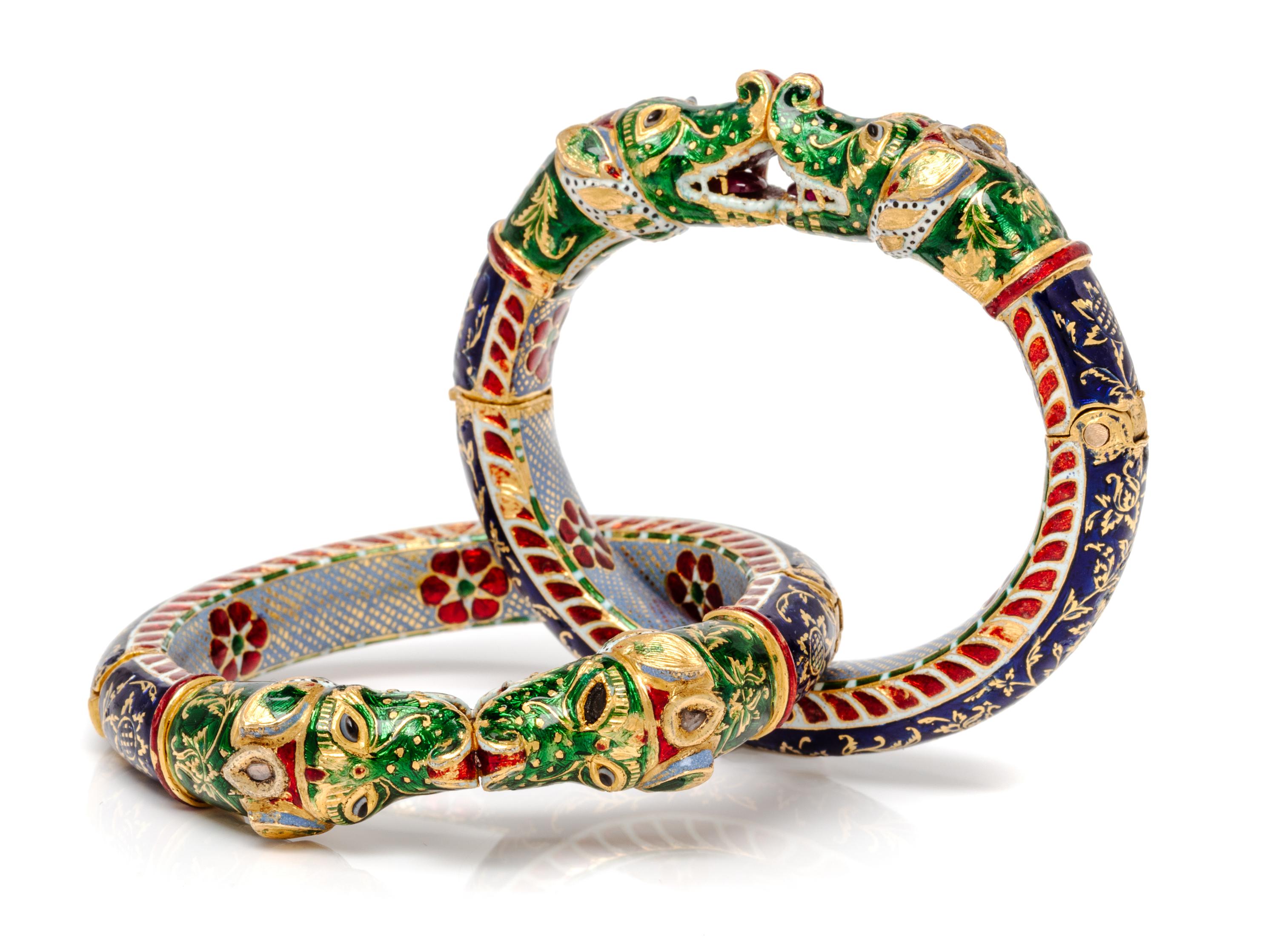 A Pair of High Karat, Diamond, Agate and Polychrome Enamel Bangle Bracelets, Jaipur, 19th Century, 69.20 dwts.