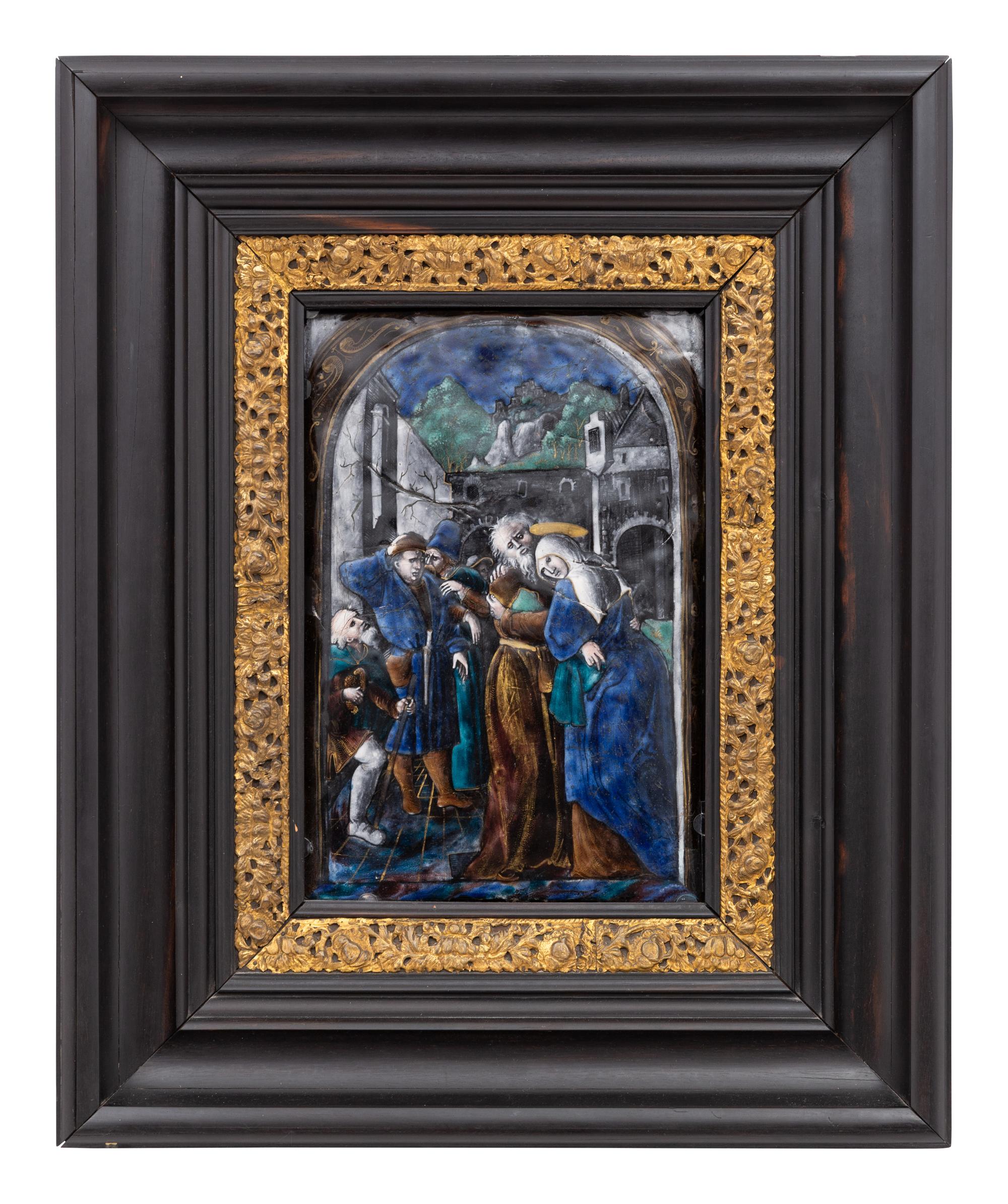 A Limoges Enamel Plaque Depicting Joachim and Anna at the Golden Gate