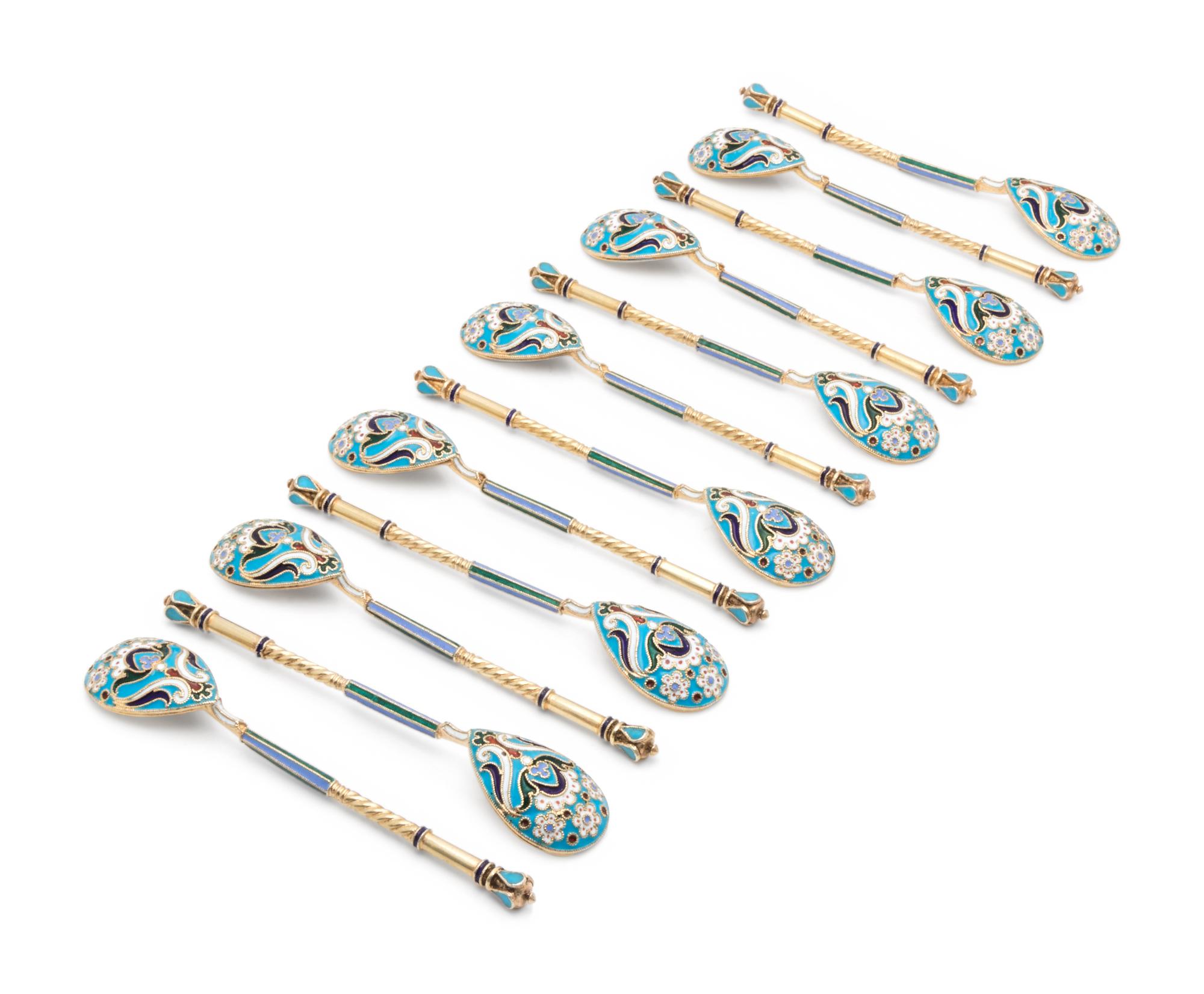 A Set of Twelve Russian Silver-Gilt and Enamel Teaspoons