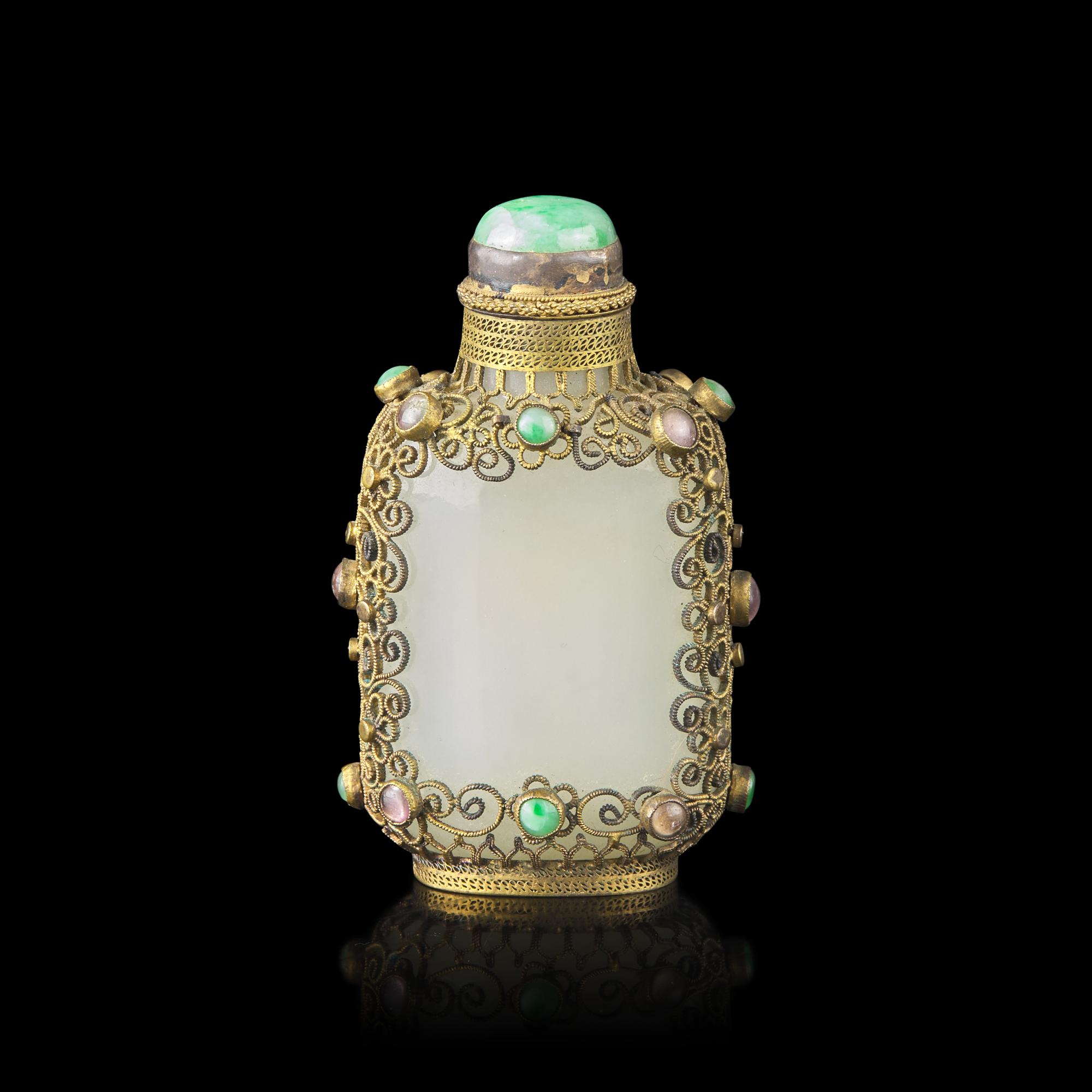 A Chinese Hardstone Embellished Gilt Metal Filigree Mounted White Jade Snuff Bottle, Jade: 18th/19th Century 清中期 白玉掐金絲鼻煙壺