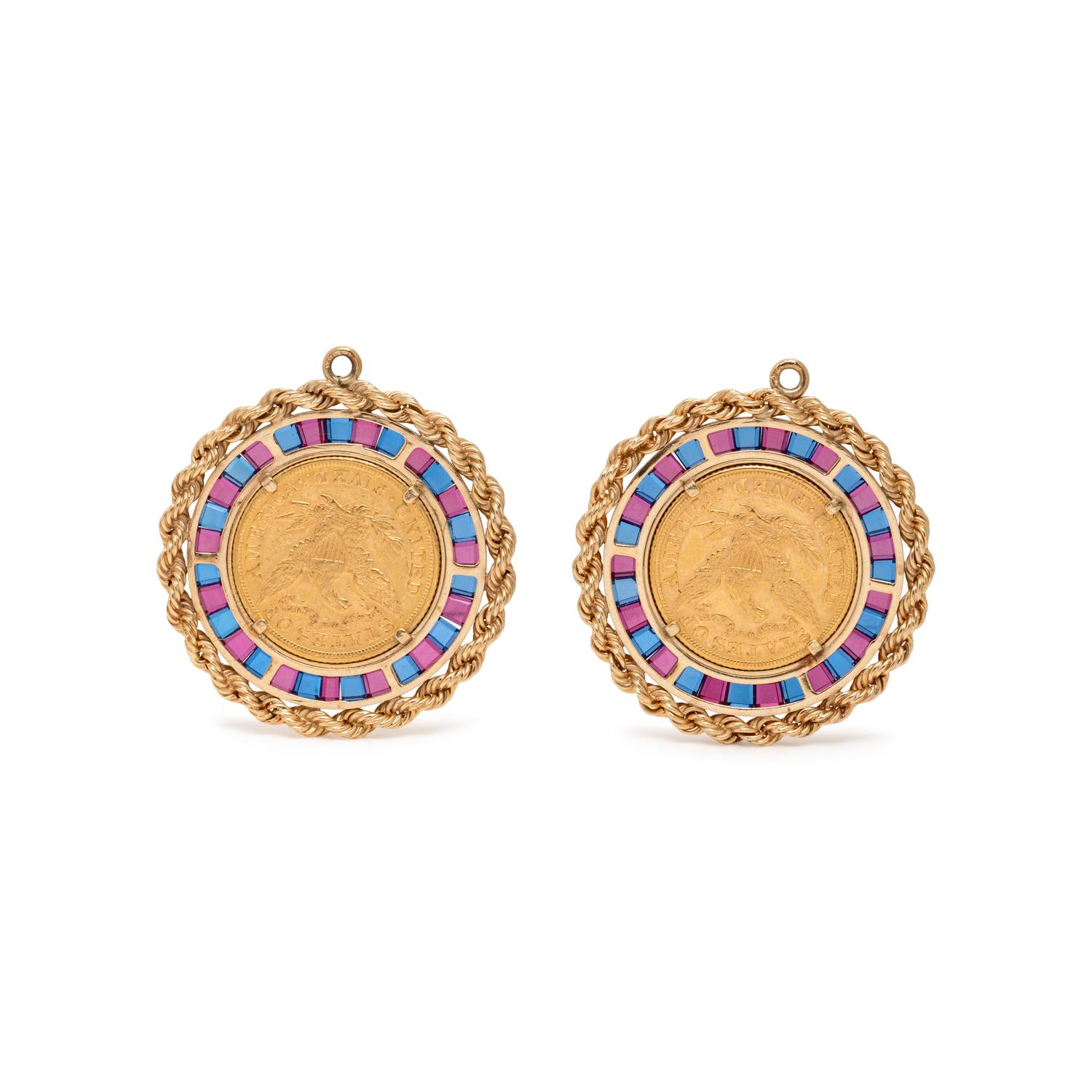 PAIR OF LIBERTY COIN AND SYNTHETIC GEM PENDANTS