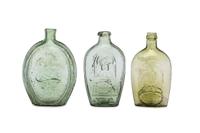 Three Molded Glass Green Flasks