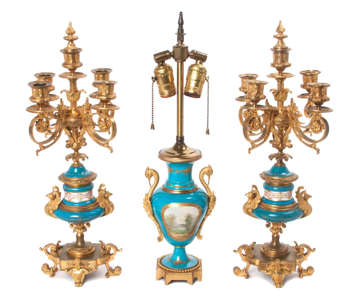 A Sevres Style Gilt Bronze Mounted Porcelain Garniture Height of tallest 20 1/4 inches.