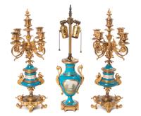 A Sevres Style Gilt Bronze Mounted Porcelain Garniture Height of tallest 20 1/4 inches.