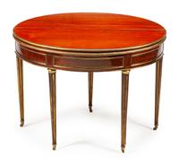 A Louis XVI Style Brass-Mounted Mahogany Triple-Top Demilune Games Table