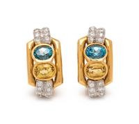 BLUE TOPAZ, CITRINE AND DIAMOND EARCLIPS