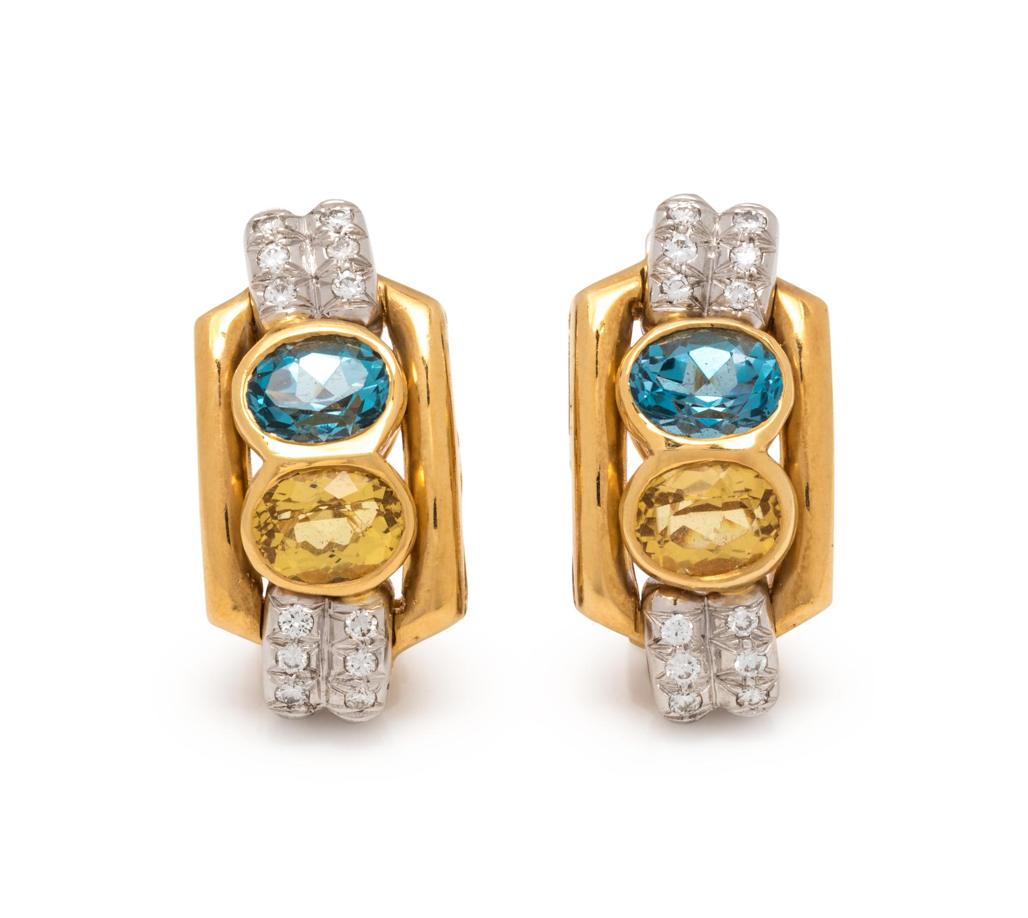 BLUE TOPAZ, CITRINE AND DIAMOND EARCLIPS