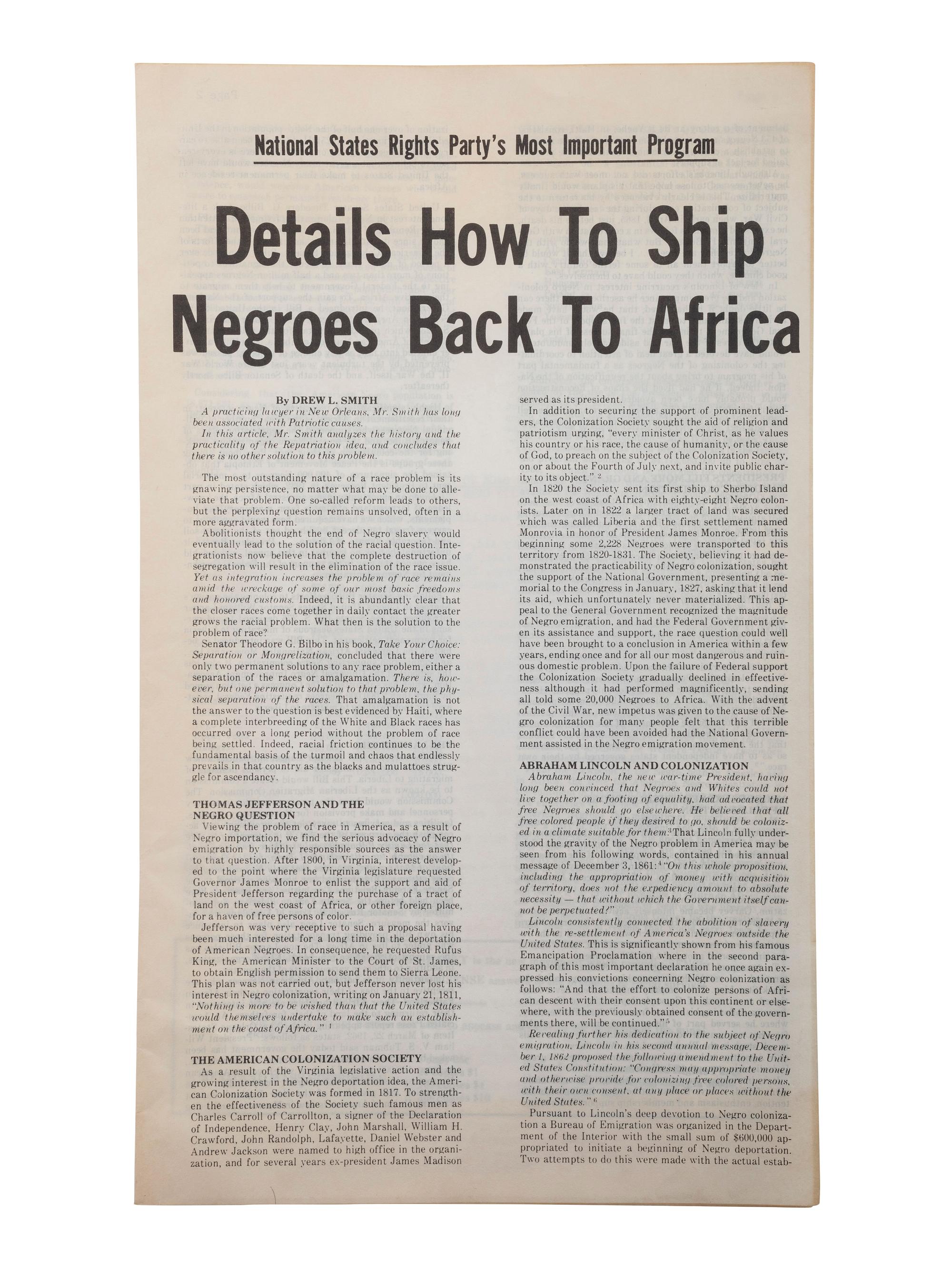 [POLITICS - RACISM]. A group of 2 leaflets issued by the National States Rights Party for colonization of African Americans.