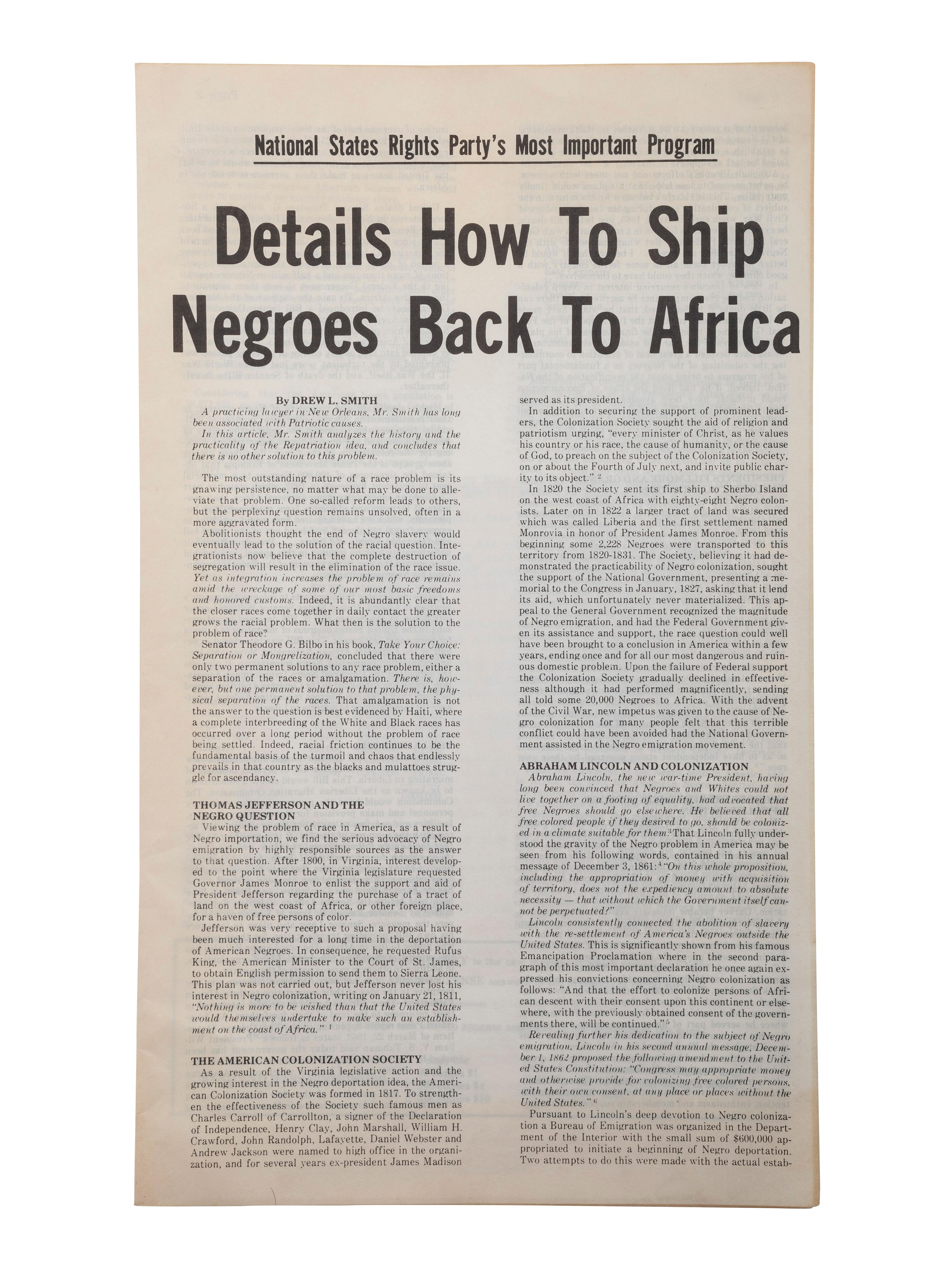 [POLITICS - RACISM]. A group of 2 leaflets issued by the National States Rights Party for colonization of African Americans.