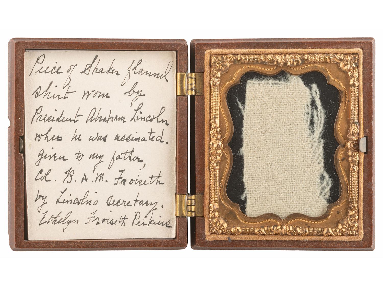 [CIVIL WAR] -- [LINCOLN, Abraham (1809-1865)]. Shirt fragment identified as "worn by President Lincoln when he was assassinated."