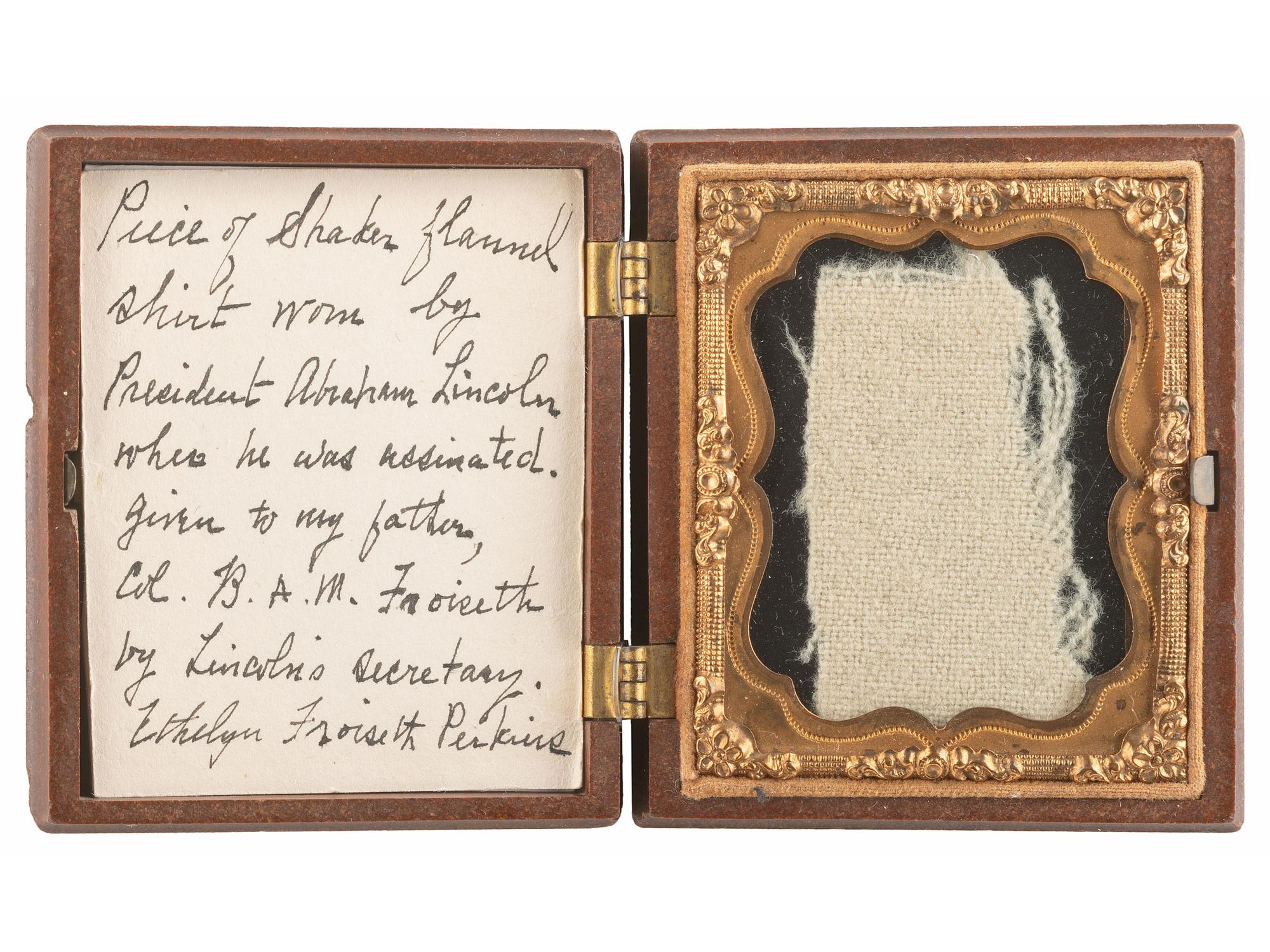 [CIVIL WAR] -- [LINCOLN, Abraham (1809-1865)]. Shirt fragment identified as "worn by President Lincoln when he was assassinated."