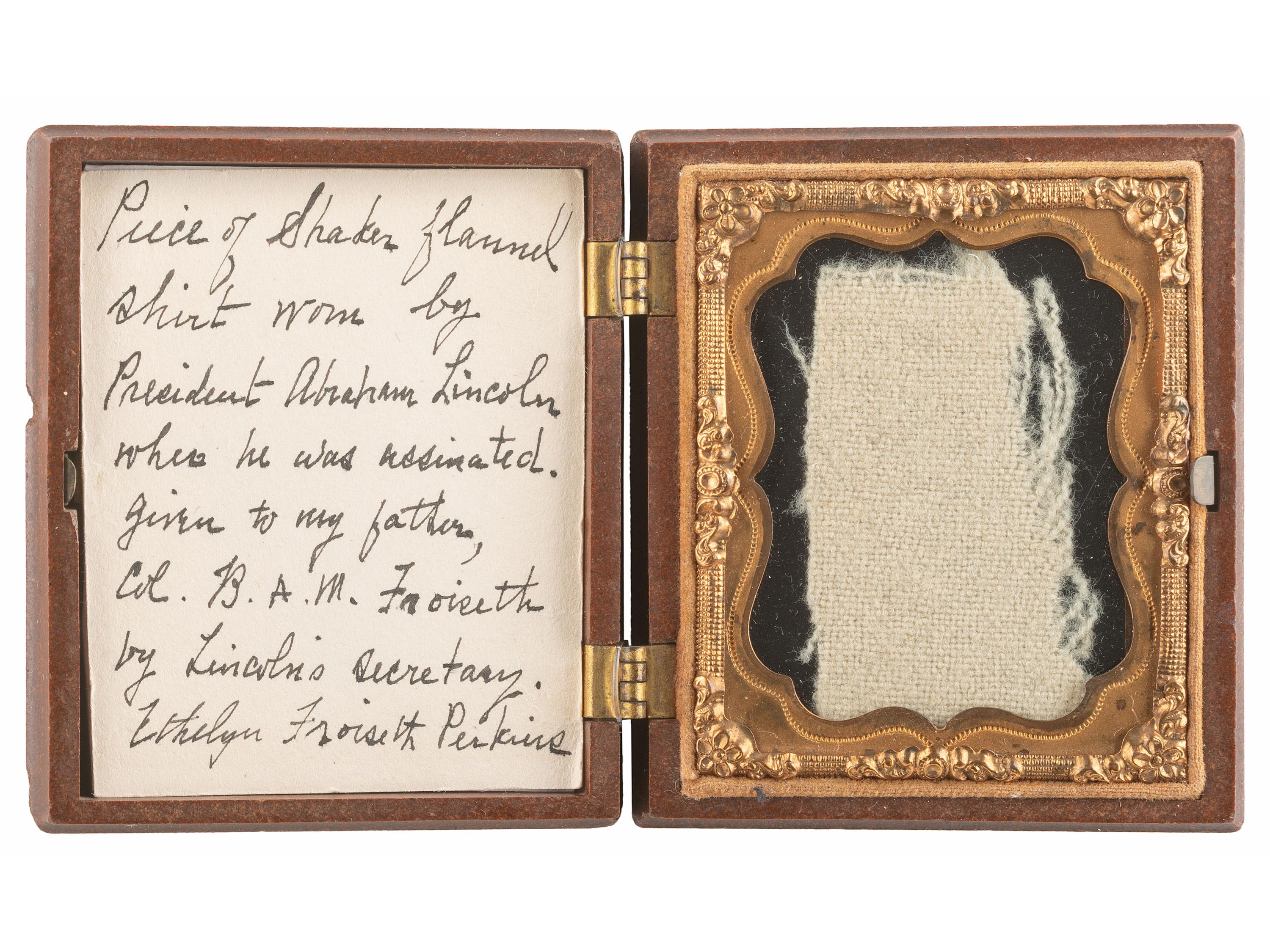 [CIVIL WAR] -- [LINCOLN, Abraham (1809-1865)]. Shirt fragment identified as "worn by President Lincoln when he was assassinated."