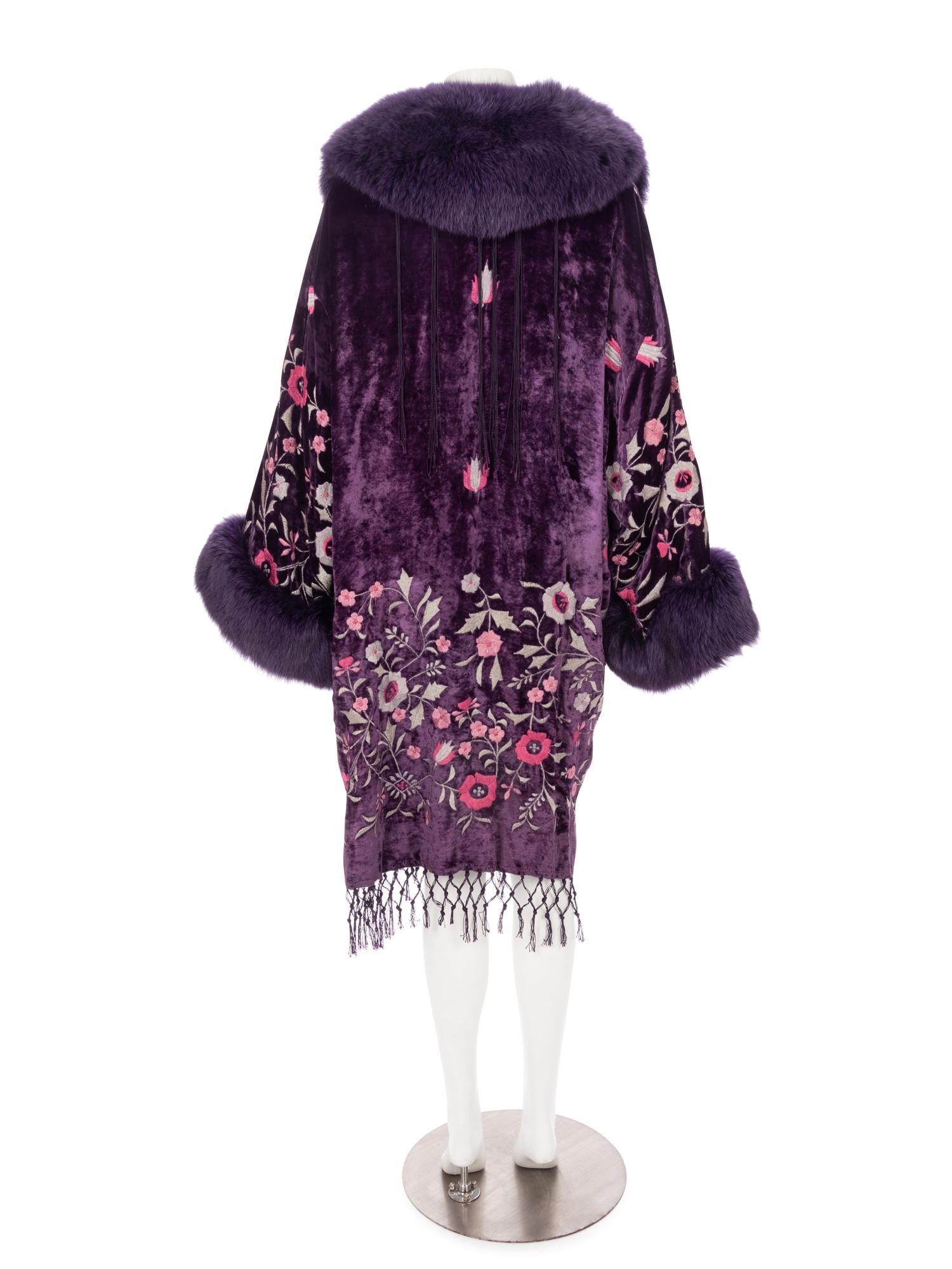Purple Velvet Coat with Embroidery and Fur Trim