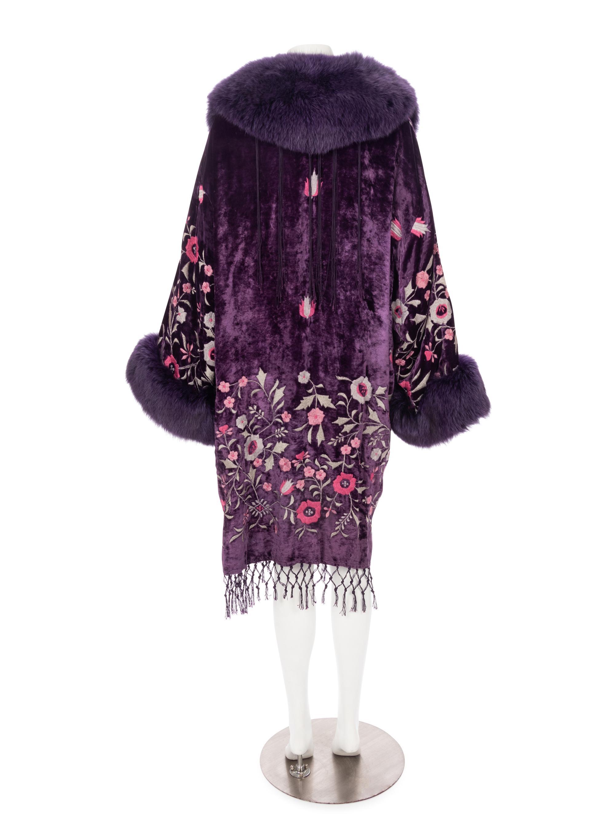Purple Velvet Coat with Embroidery and Fur Trim