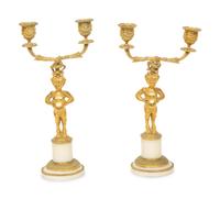 A Pair of French Gilt Bronze and Marble Figural Two-Light Candelabra