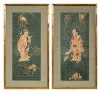 Two Chinese Blue Ground Embroidered Silk Panels
