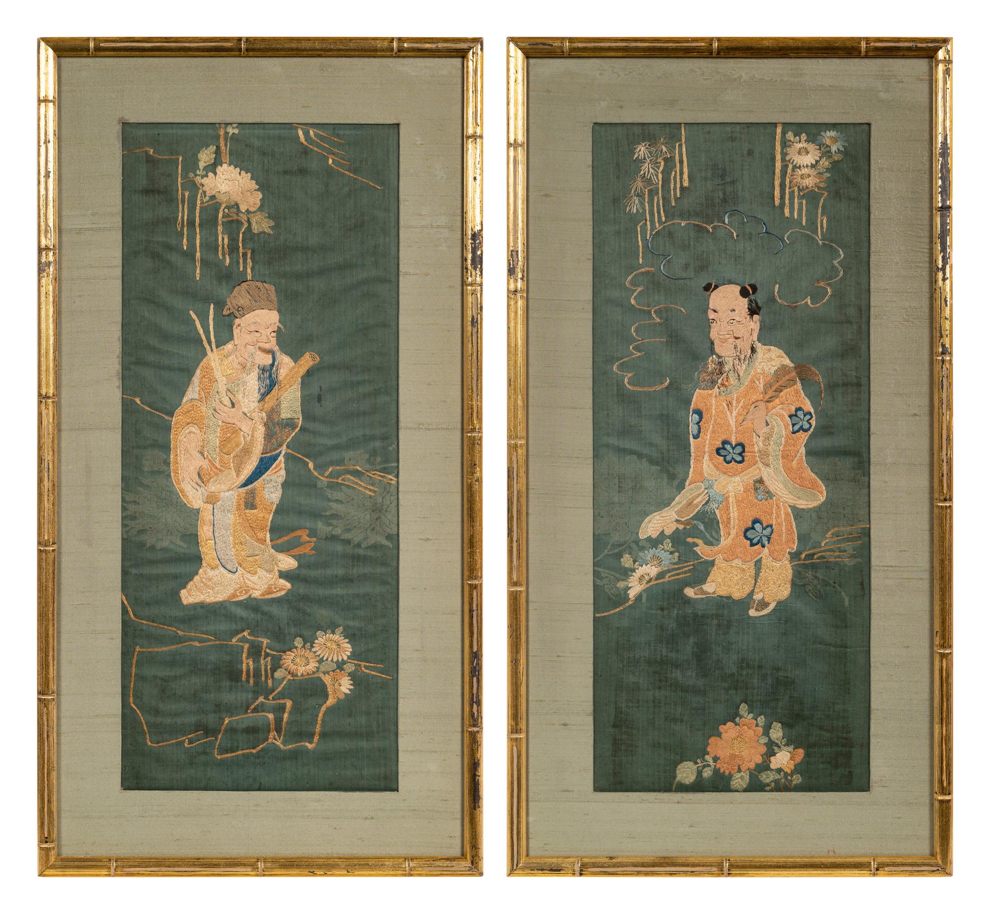 Two Chinese Blue Ground Embroidered Silk Panels