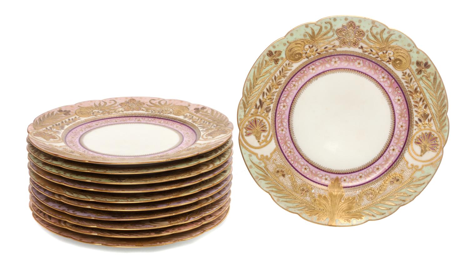 A Set of Eleven Limoges Porcelain Plates Diameter 9 1/2 inches.