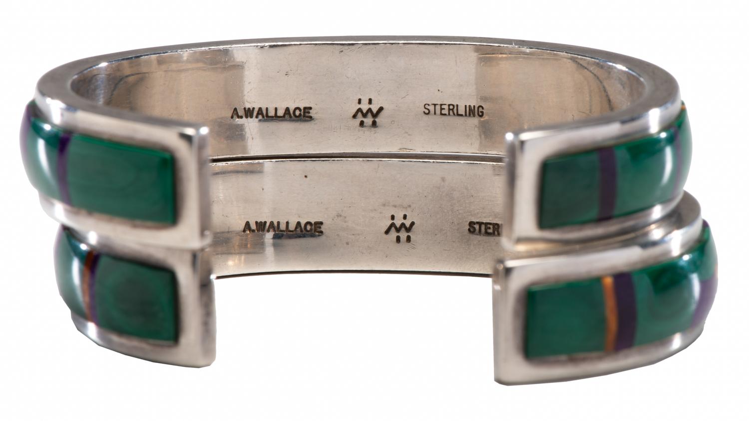 Sterling Silver Cuff Bracelets, with Malachite, Sugilite, and Spiny Oyster Mosaic Inlay, Matching Pair Lot is located and will ship from Denver, Colorado.
