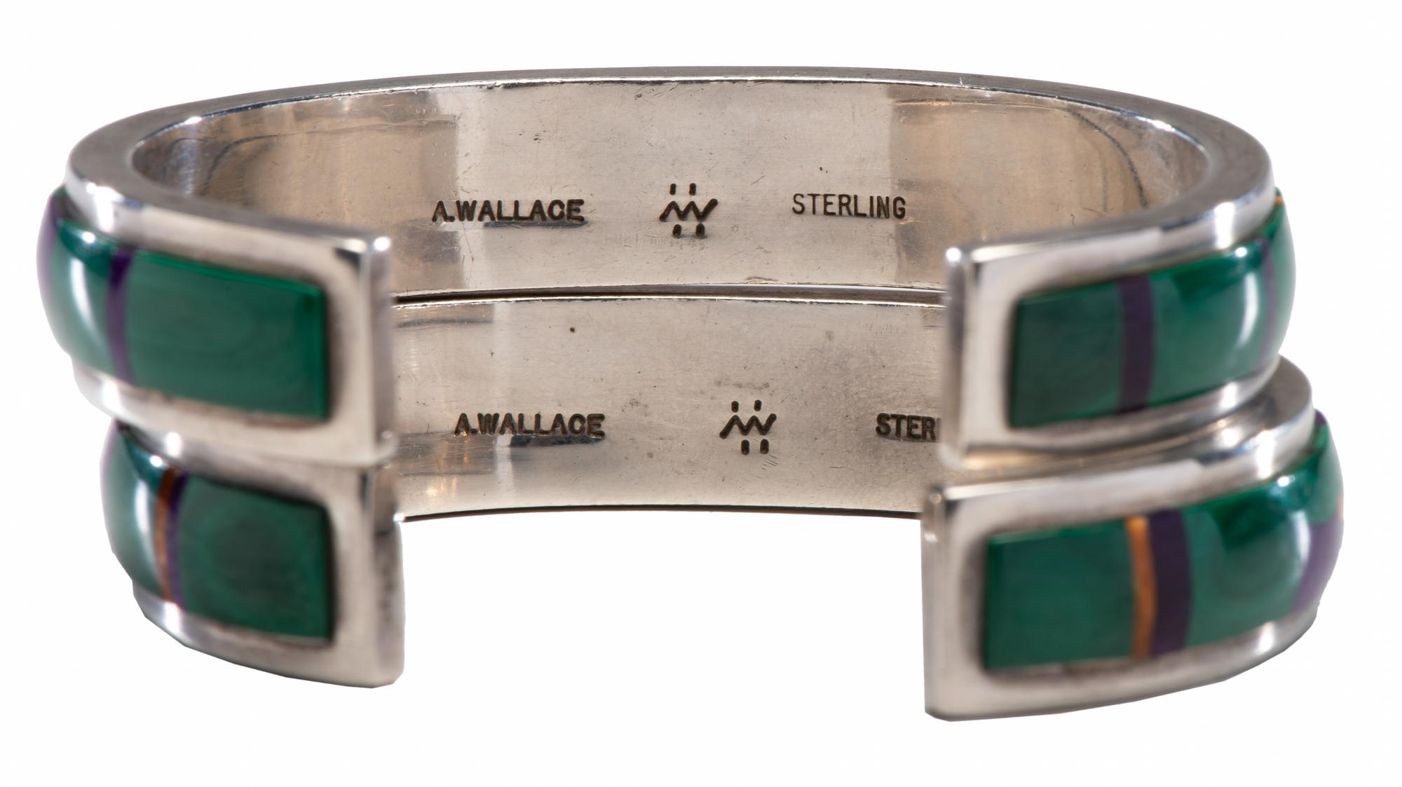 Sterling Silver Cuff Bracelets, with Malachite, Sugilite, and Spiny Oyster Mosaic Inlay, Matching Pair Lot is located and will ship from Denver, Colorado.