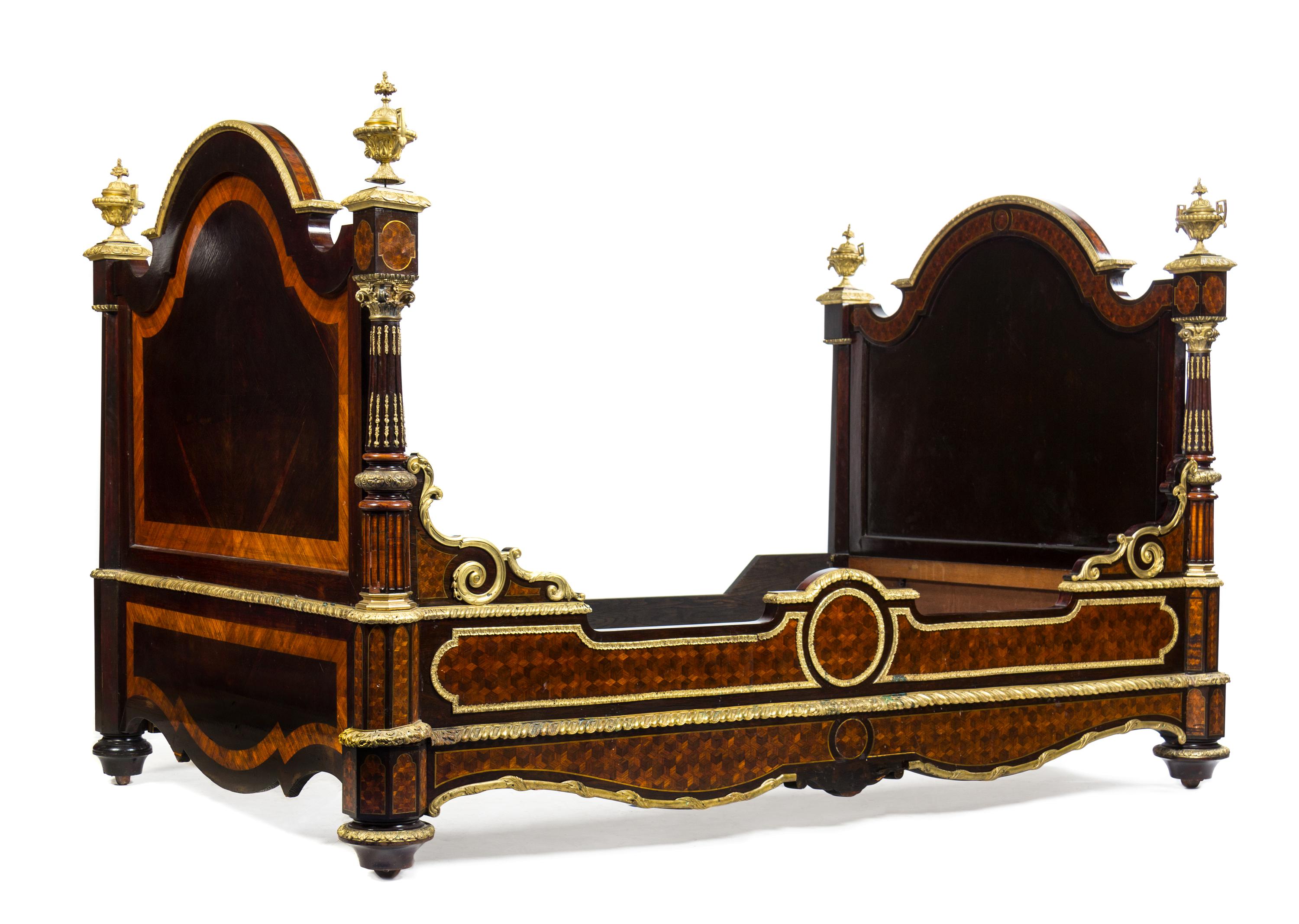 A Louis XVI Style Gilt Bronze Mounted Parquetry Bed Height of headboard 53 x width 53 inches. — LATE 19TH CENTURY