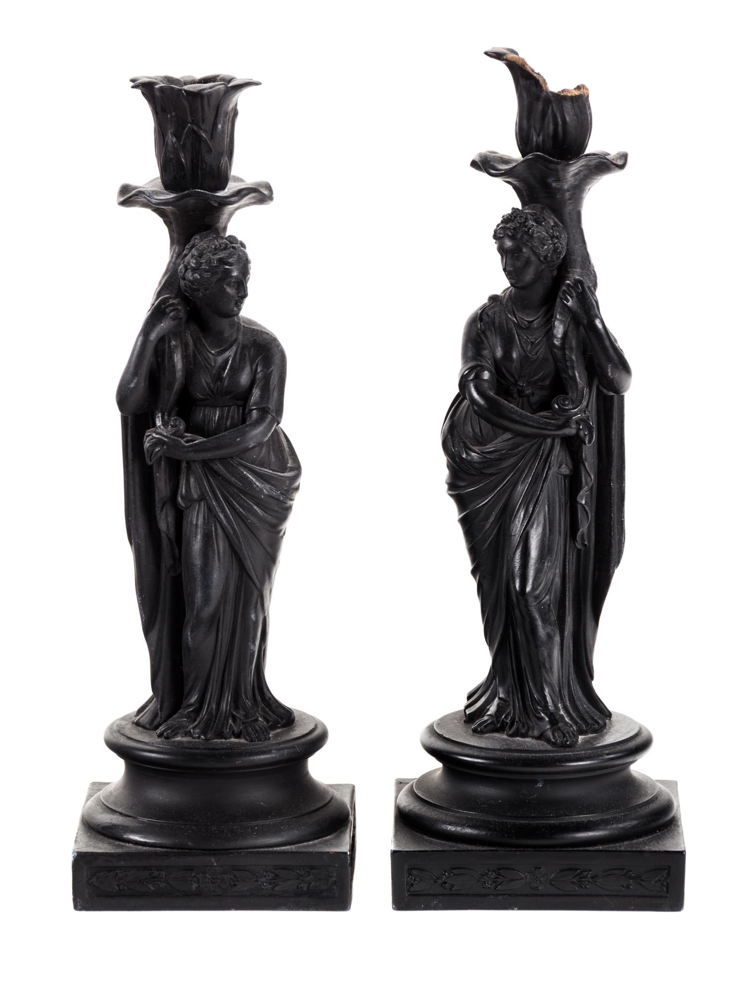 A Pair of Wedgewood Basalt Figural Candlesticks Height 11 inches. — LATE 19TH CENTURY