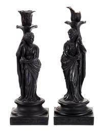 A Pair of Wedgewood Basalt Figural Candlesticks Height 11 inches. — LATE 19TH CENTURY