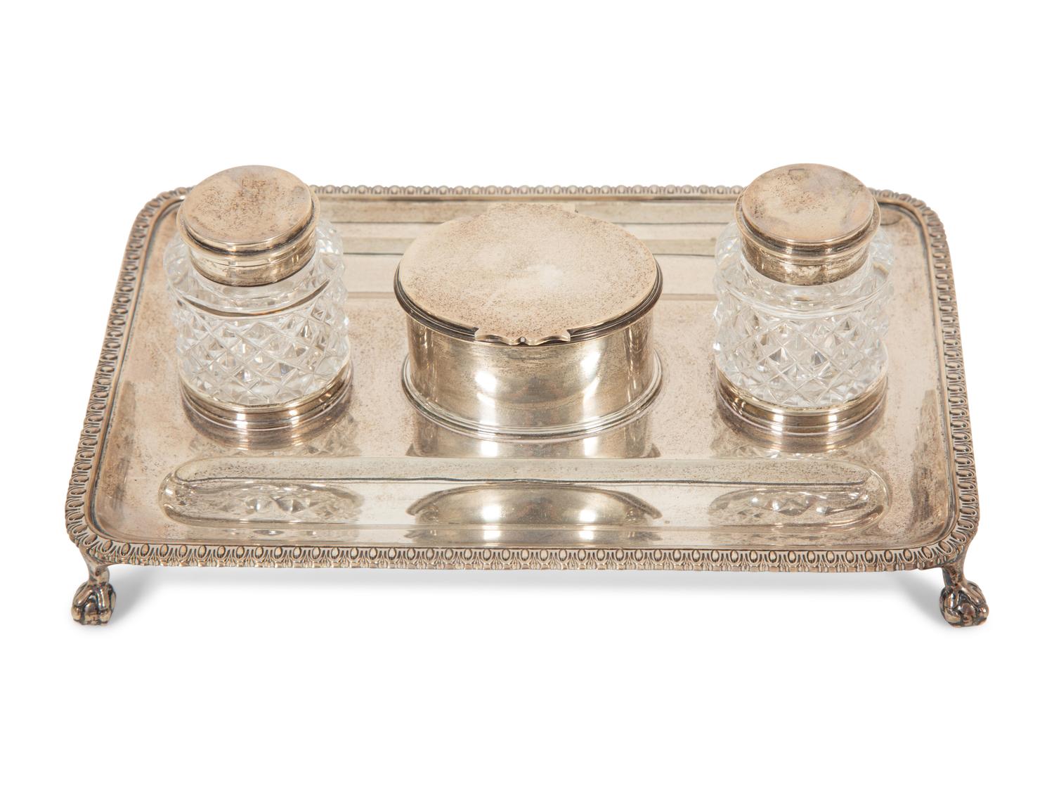 A English Silver Standish with a Buccellati Silver Letter Opener