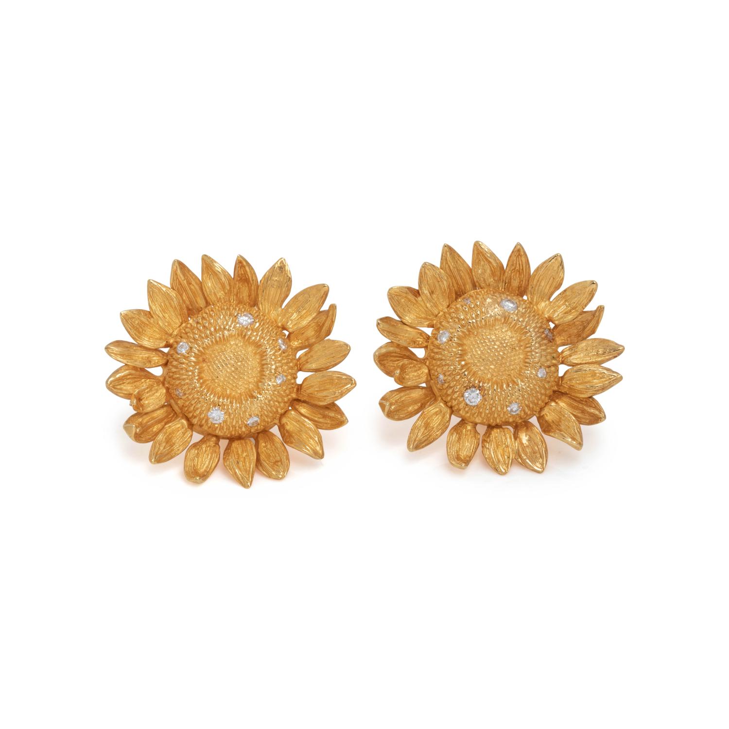 ASPREY, YELLOW GOLD AND DIAMOND SUNFLOWER EARCLIPS