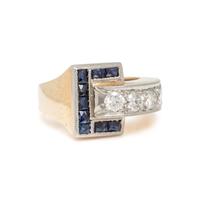 RETRO, SYNTHETIC SAPPHIRE AND DIAMOND RING