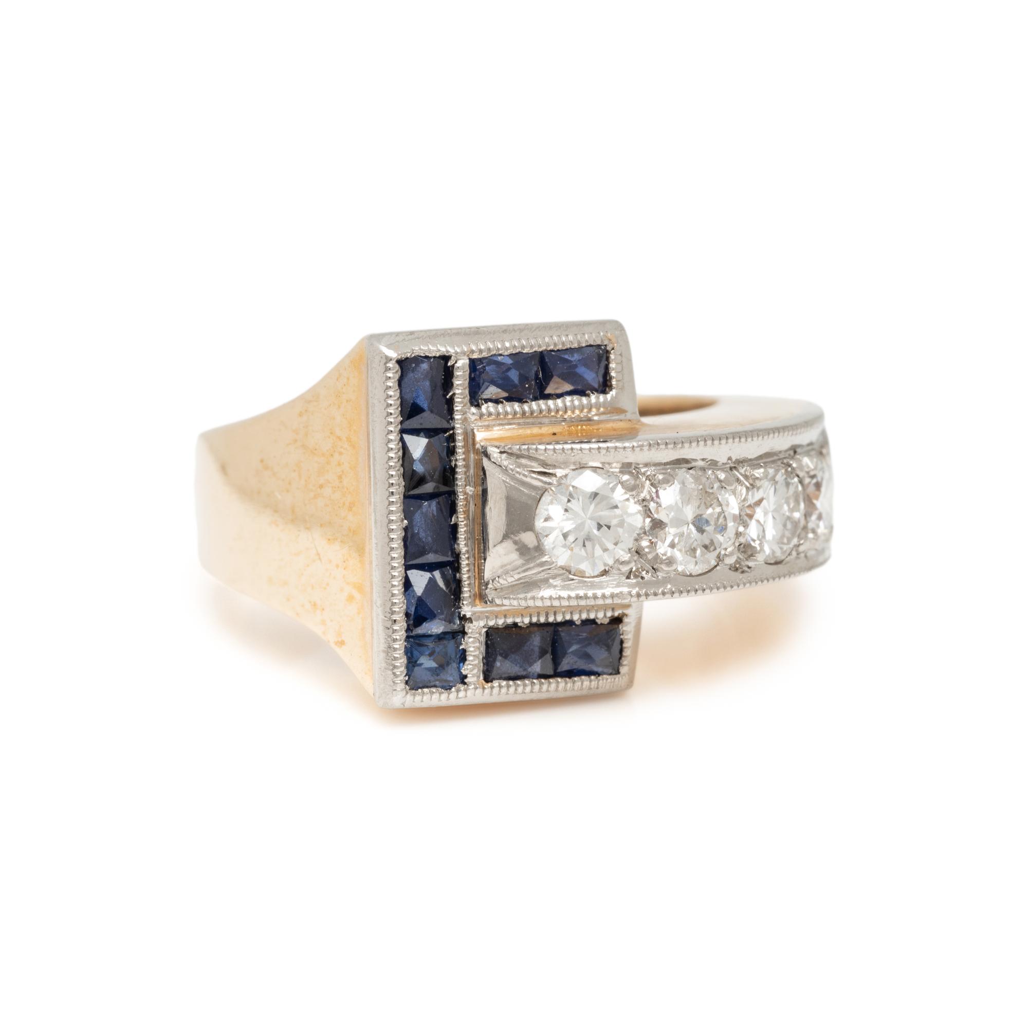 RETRO, SYNTHETIC SAPPHIRE AND DIAMOND RING