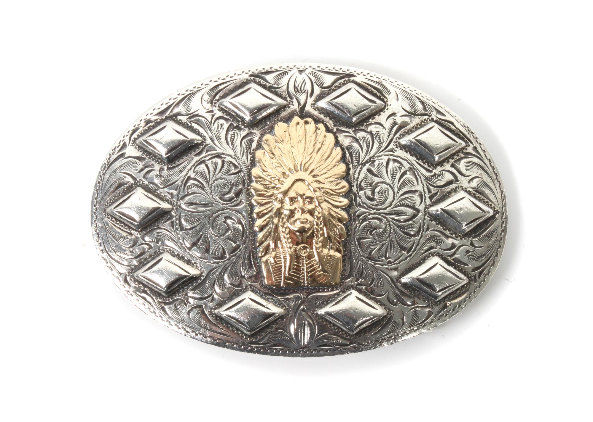 Two Comstock Heritage Silver and Yellow Gold Trophy Buckles Height of larger 2 1/4 x width 3 1/4.