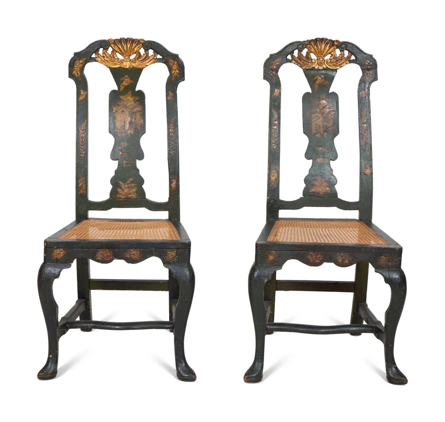 A Pair of North Italian Painted and Parcel Gilt Cane Seat Chairs