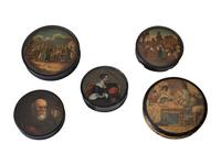 Five Continental Lacquered Papier Mache Snuff Boxes