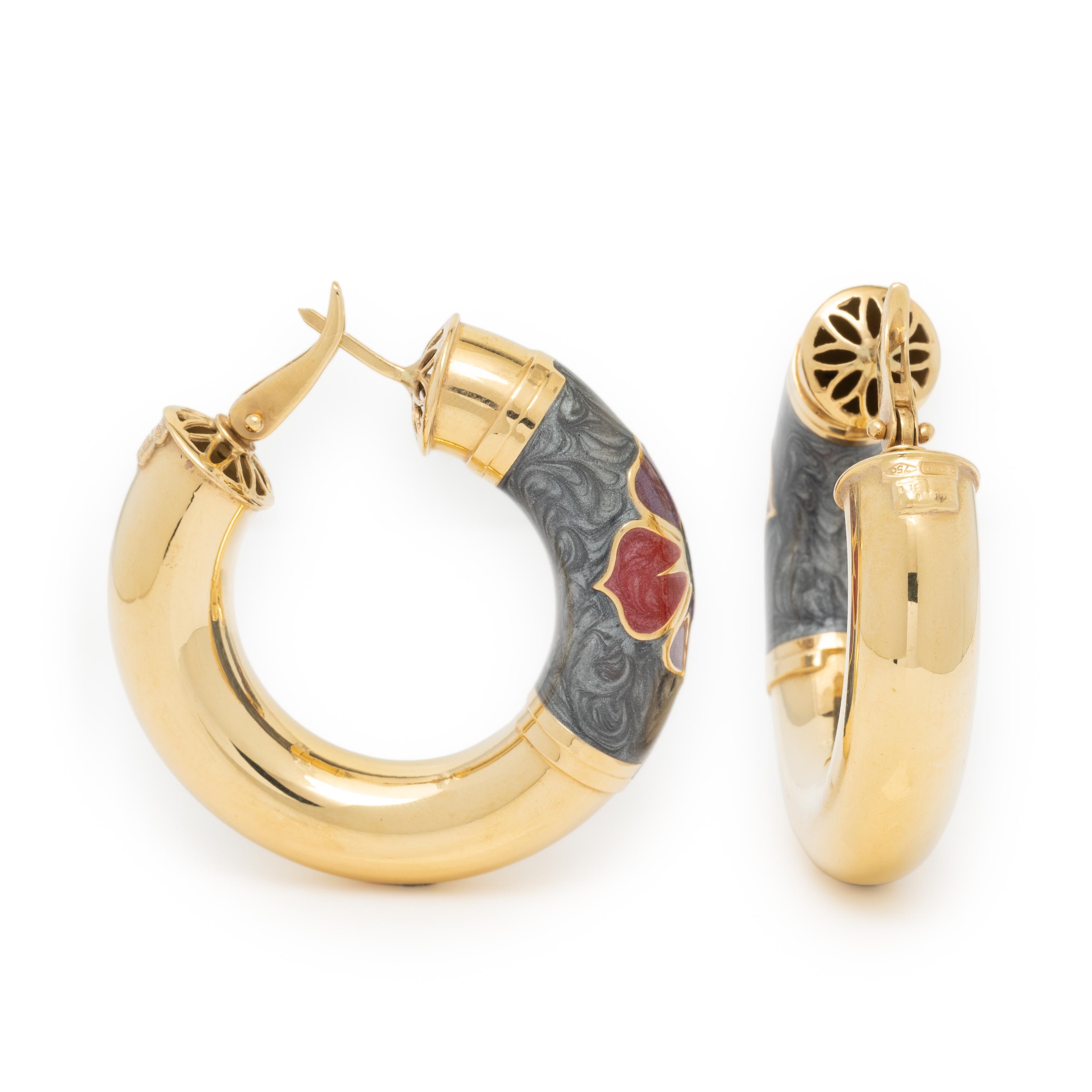 Gaston Lebo, Polychrome Enamel and Yellow Gold Hoop Earrings