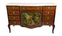 A Louis XVI Style Marquetry and Painted Commode Height 36 x width 55 x depth 24 1/4 inches. — LATE 19TH CENTURY