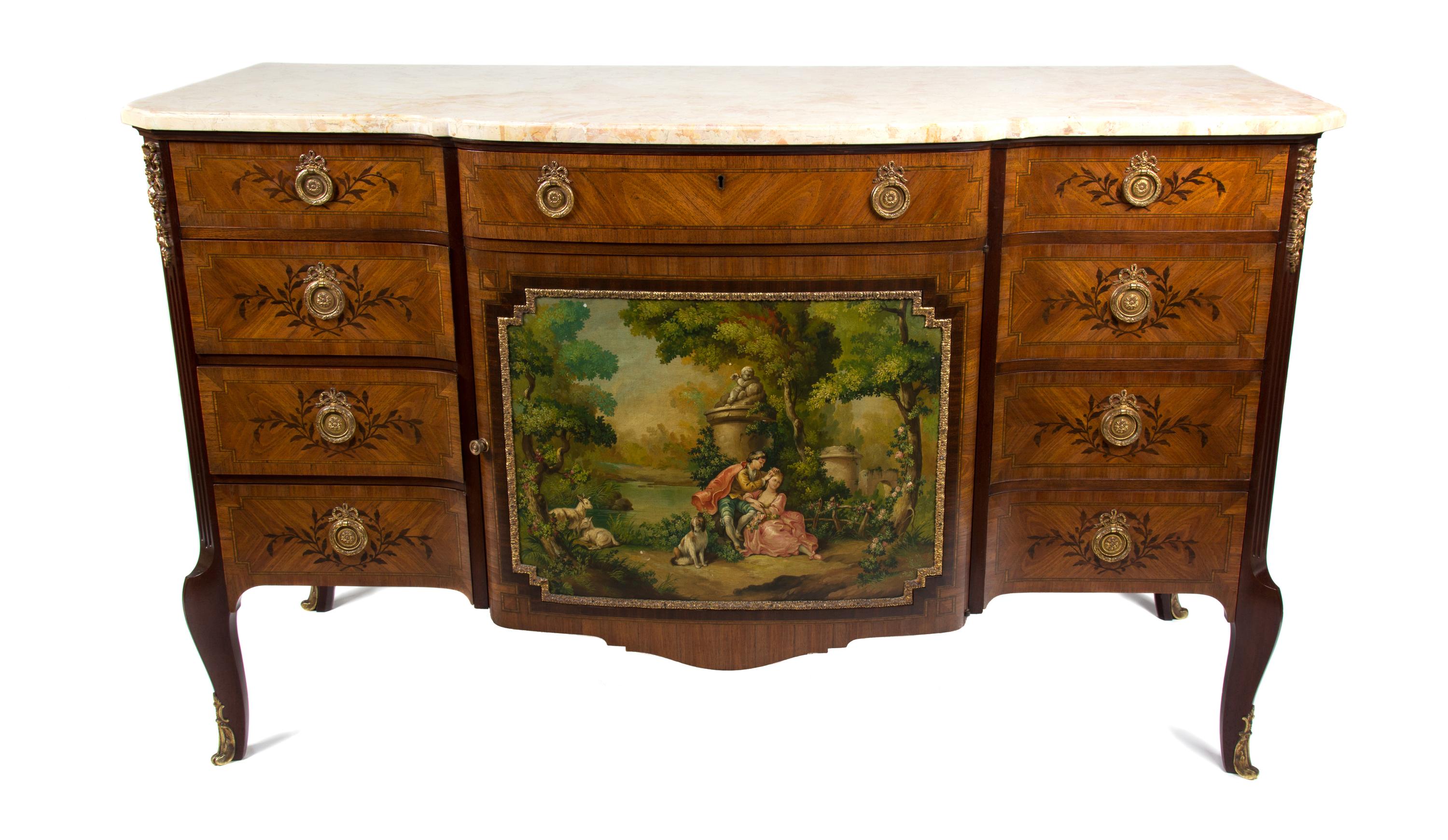 A Louis XVI Style Marquetry and Painted Commode Height 36 x width 55 x depth 24 1/4 inches. — LATE 19TH CENTURY