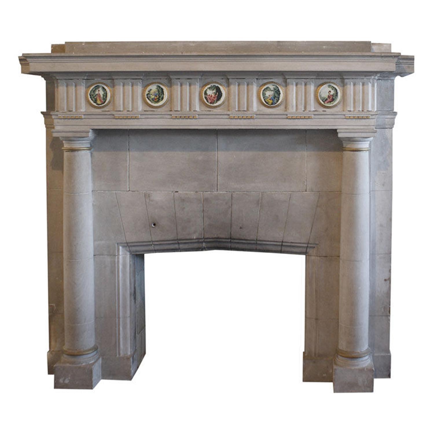 A Carved Limestone Fireplace Surround/Mantel 96" W x 32" D x 78" H — United States, 20th Century