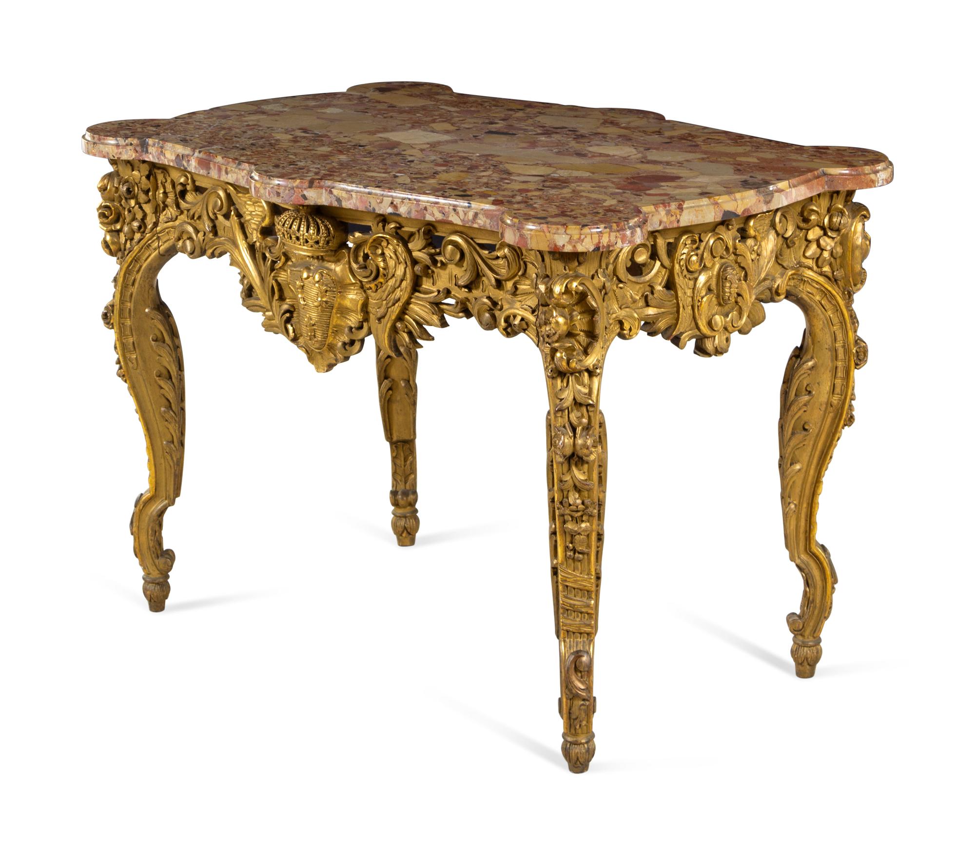 A Louis XV Style Carved Giltwood Marble-Top Center Table