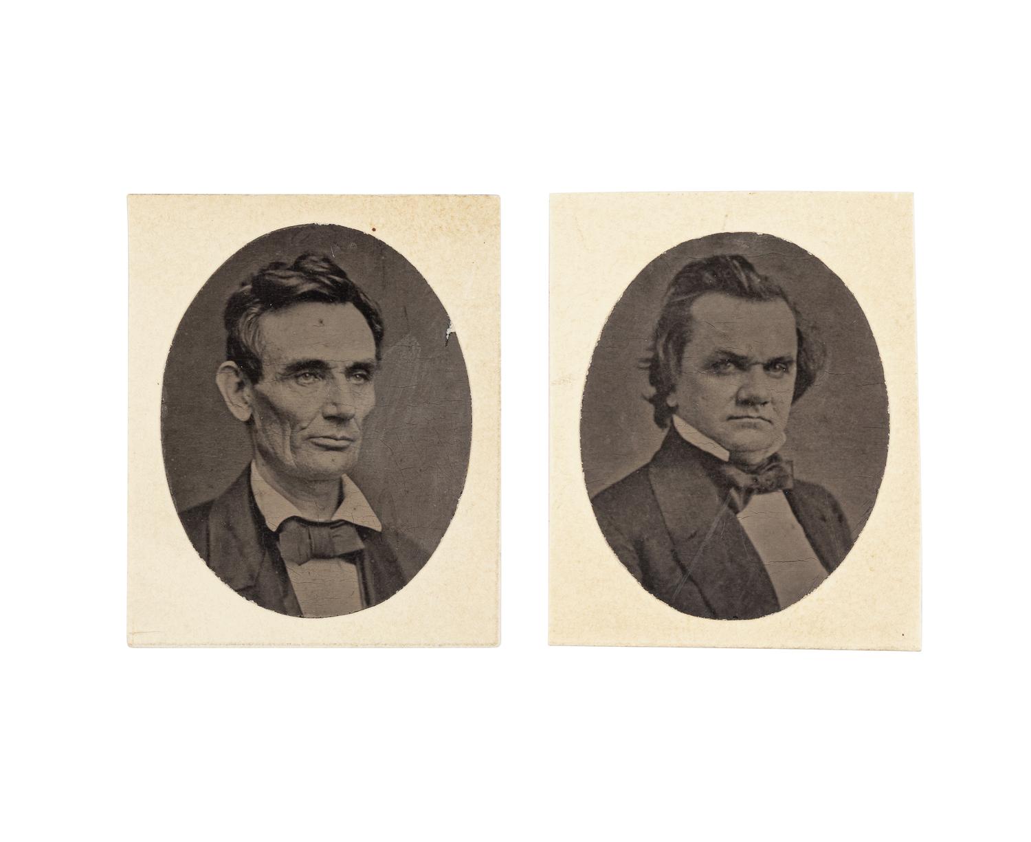 [LINCOLN-DOUGLAS DEBATES]. A pair of miniature photographs of Abraham Lincoln and Stephen A. Douglas, ca. 1860.