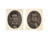 [LINCOLN-DOUGLAS DEBATES]. A pair of miniature photographs of Abraham Lincoln and Stephen A. Douglas, ca. 1860.