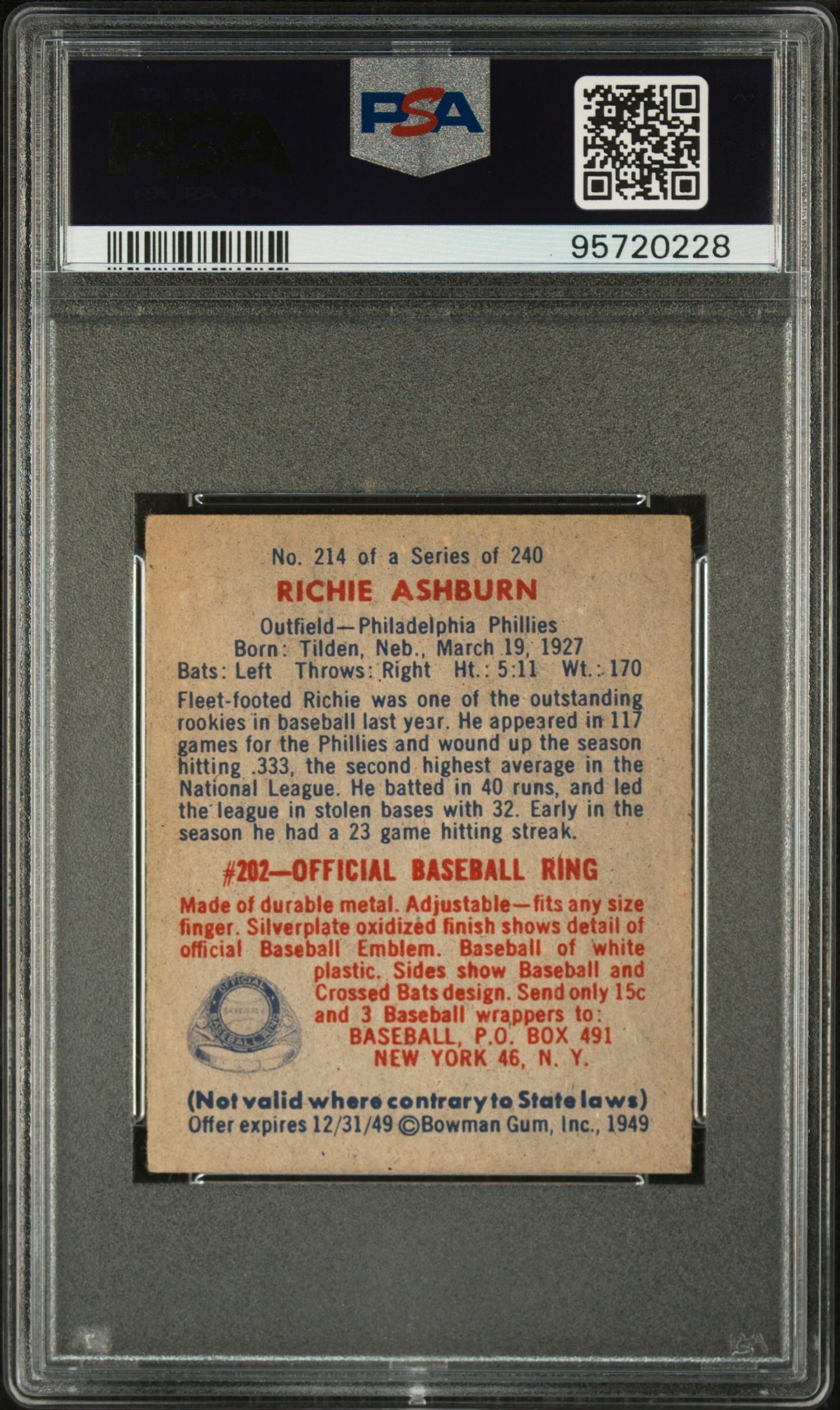 A 1949 Bowman Richie Ashburn Rookie Baseball Card No. 214 (PSA 4 VG-EX)