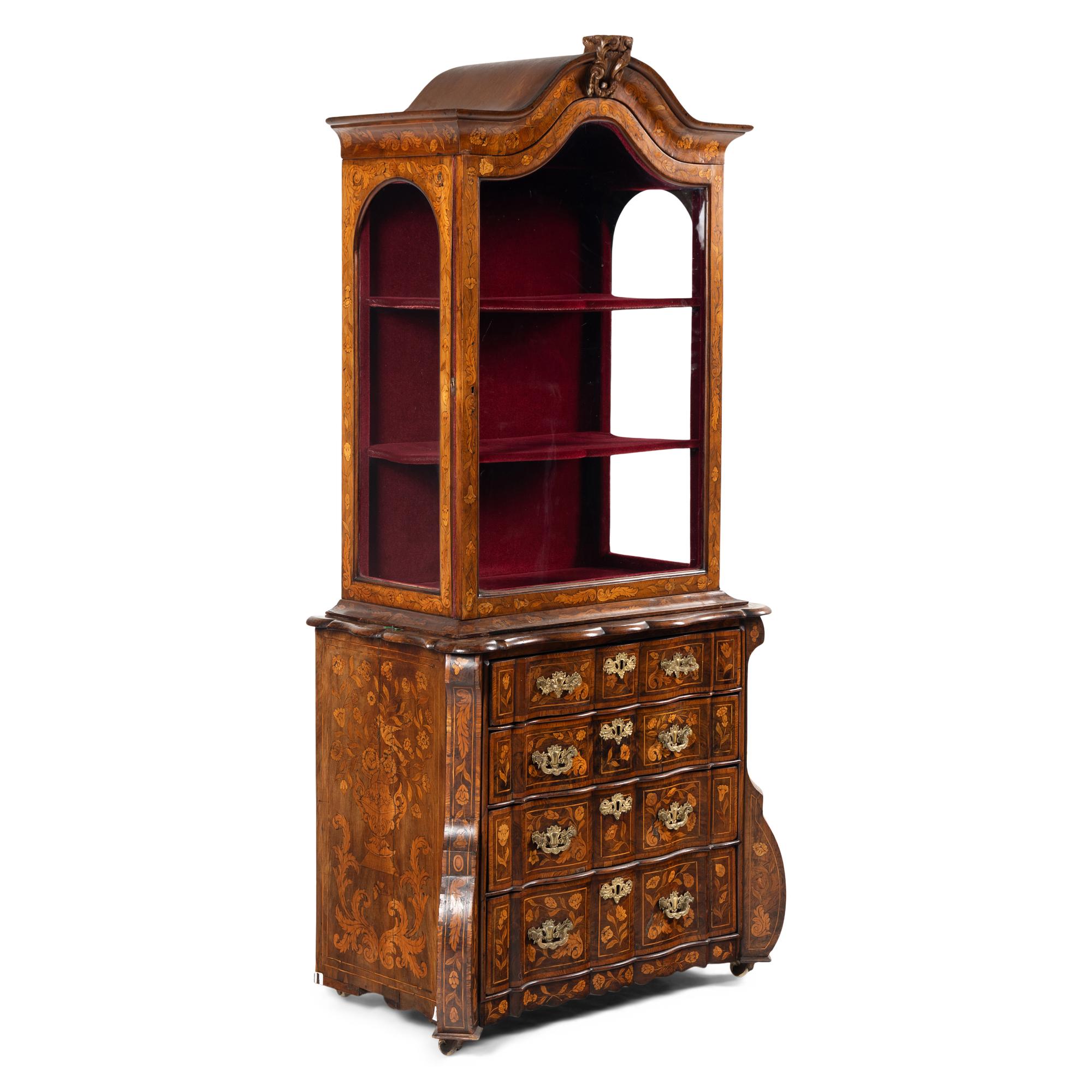 A Dutch Marquetry Bookcase on Chest