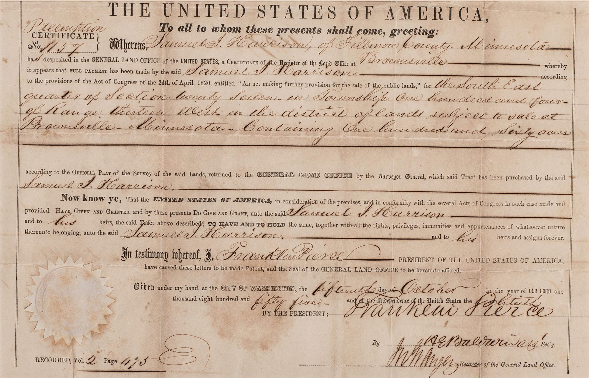[POLK, James K. (1795-1849) -- PIERCE, Franklin (1804-1869) -- VAN BUREN, Martin (1782-1862).]