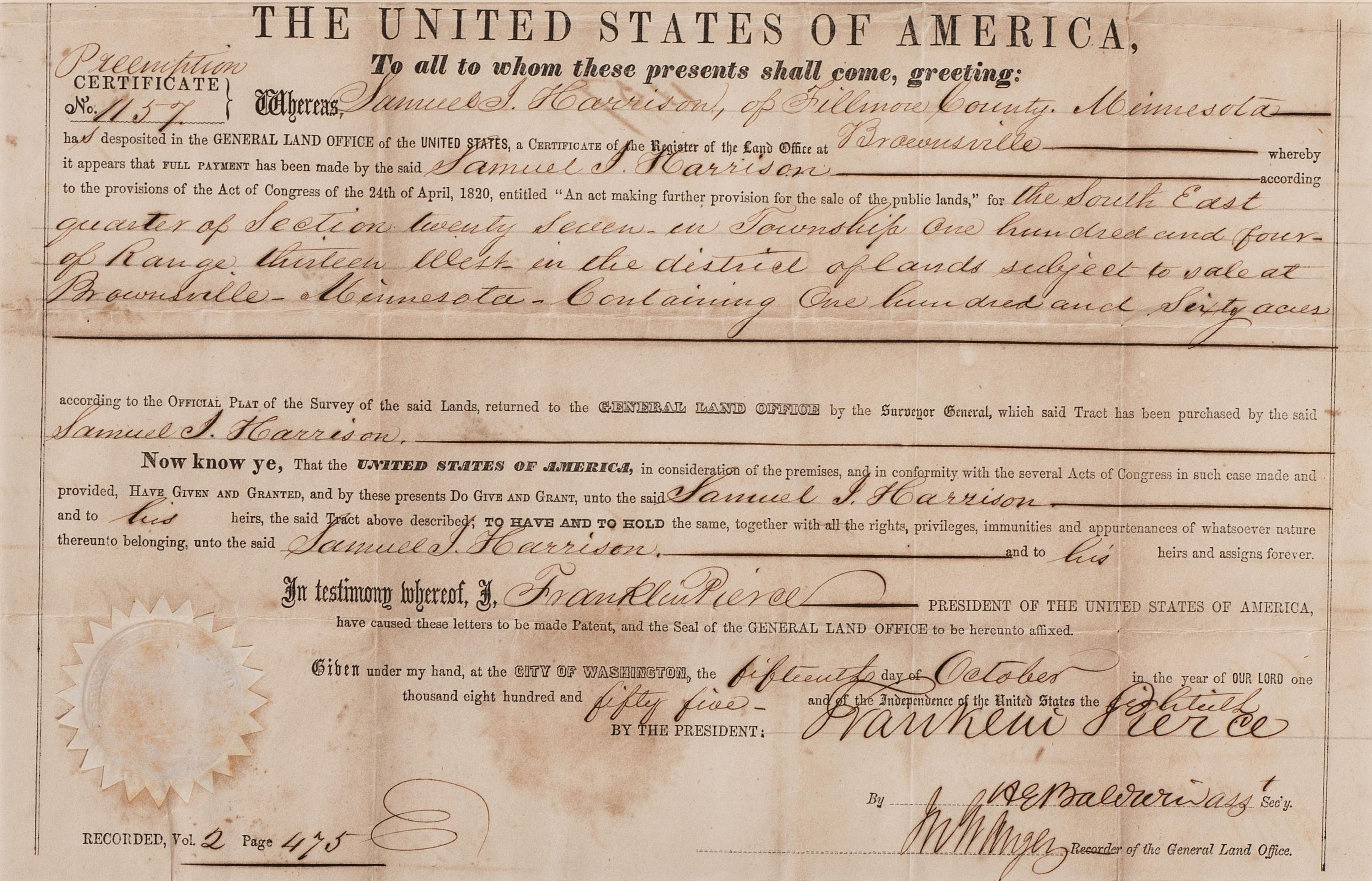 [POLK, James K. (1795-1849) -- PIERCE, Franklin (1804-1869) -- VAN BUREN, Martin (1782-1862).]