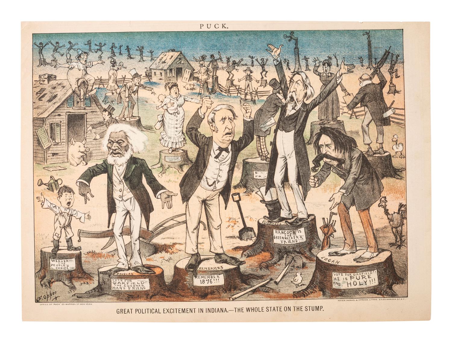 [1880 ELECTION - POLITICAL CARTOONS]. A group of Puck chromolithographs related to the politics and presidential campaigns in 1880.