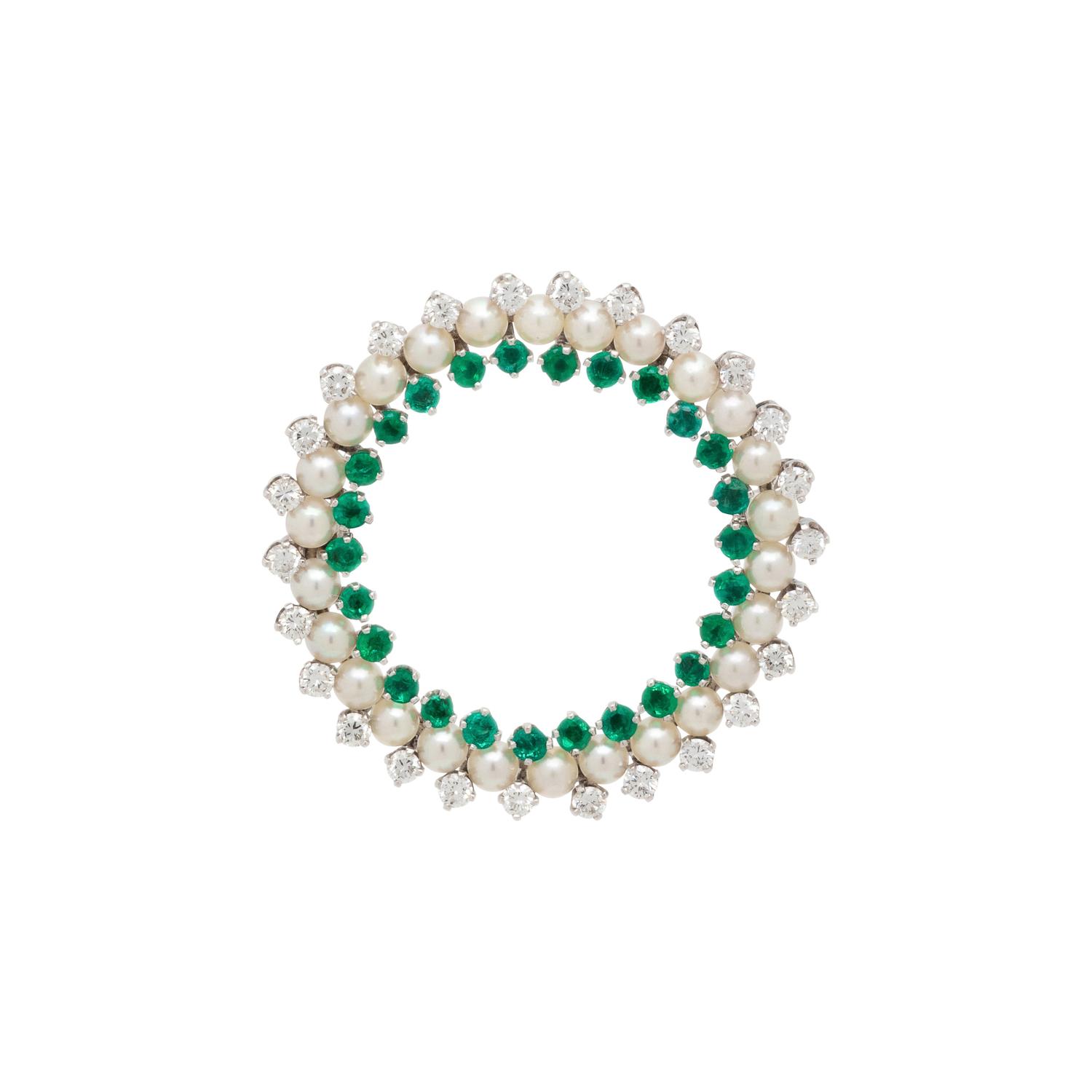 DIAMOND, CULTURED PEARL, AND EMERALD BROOCH