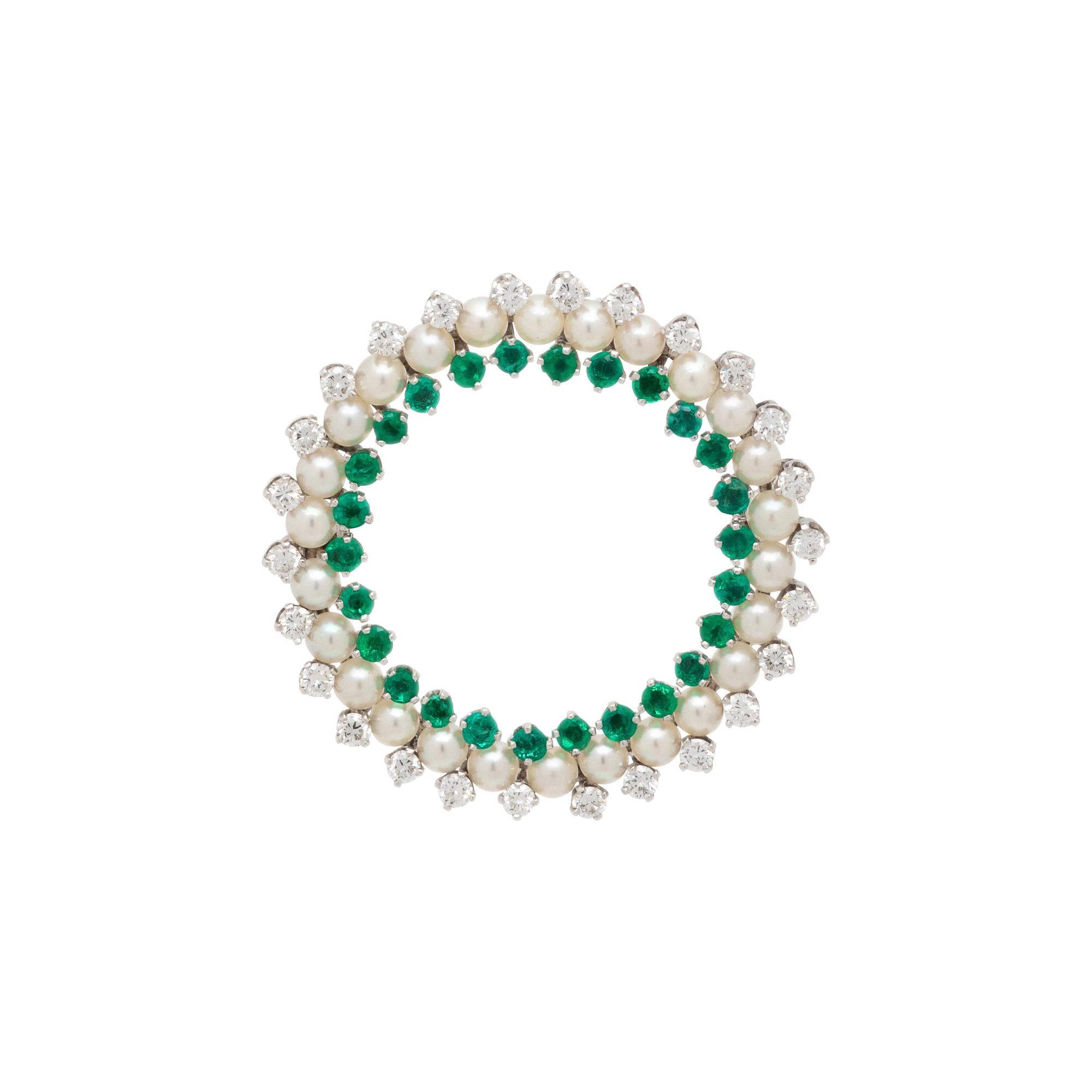 DIAMOND, CULTURED PEARL, AND EMERALD BROOCH